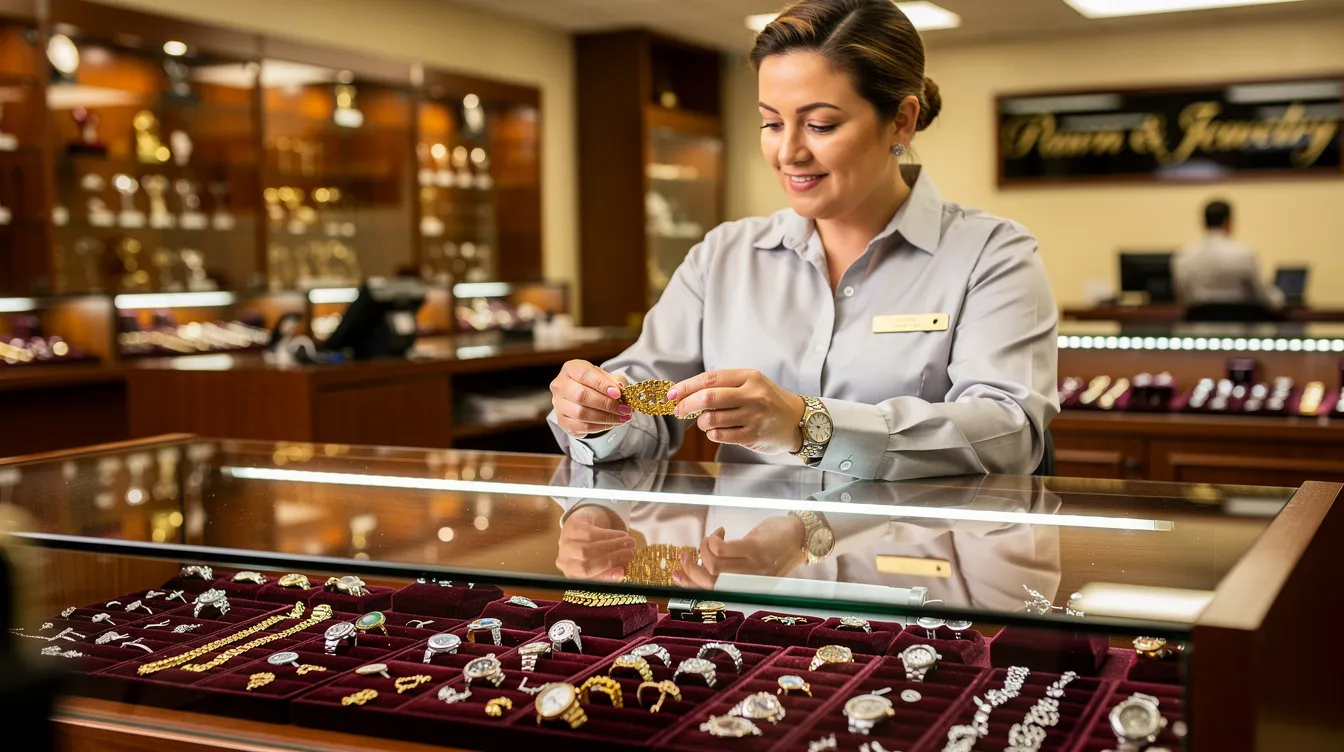 A friendly staff member is examining a gold bracelet behind a clean glass counter in a pawn shop, showcasing the jewelry available for customers seeking quick cash options. The atmosphere is welcoming, suggesting a reliable service for those needing financial assistance.