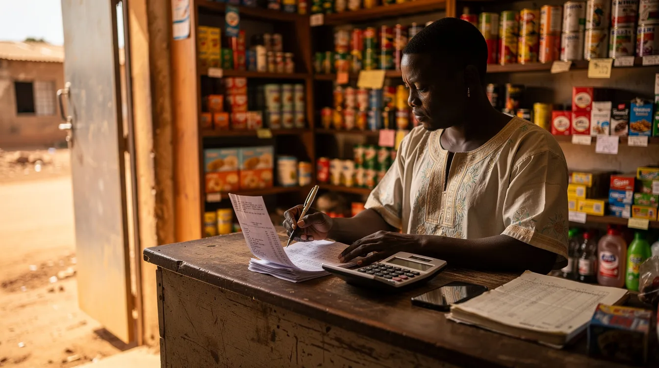 The image depicts a small business owner in Sierra Leone, attentively reviewing paperwork at their shop counter, surrounded by various products. This scene highlights the commitment of local entrepreneurs to manage their finances effectively while serving their customers' banking needs.