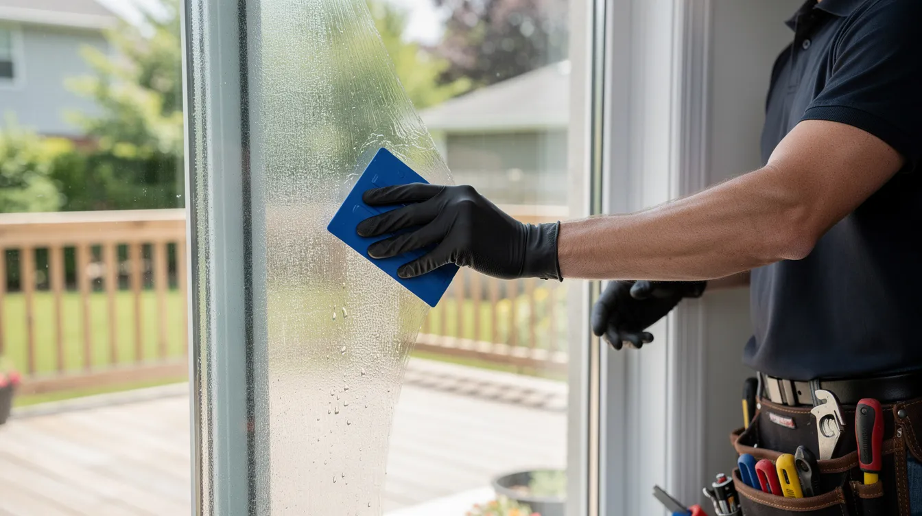 A professional installer is applying clear security film to a residential patio glass door, enhancing protection against break-ins and accidents while also providing UV protection and resistance to shattered glass. This installation helps keep rooms cooler and reduces the risk of injury from flying shards in case of forced entry or natural disasters.