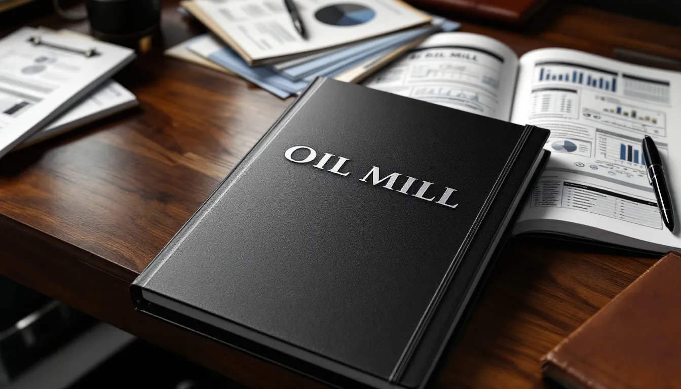 A sample mini oil mill project report PDF displayed on a desk.