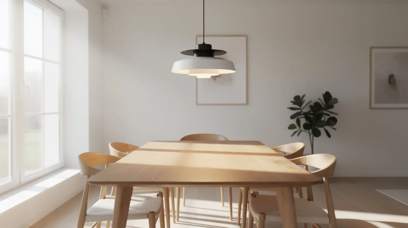 Een stijlvolle hanglamp hangt op de juiste hoogte boven een houten eettafel in een lichte eetkamer, waardoor de ruimte wordt verlicht met functionele en decoratieve verlichting. De lamp zorgt voor een gezellige sfeer en biedt de juiste verlichting voor het diner.