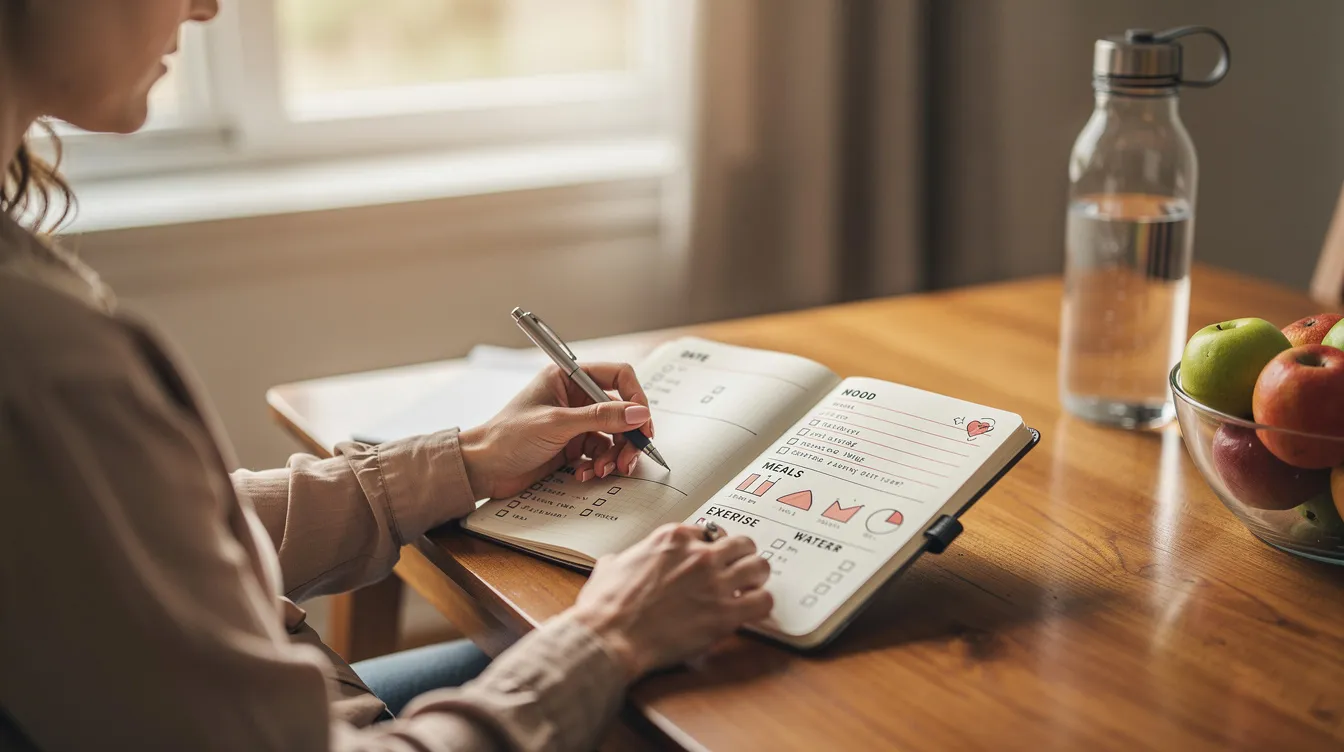 A person is sitting at a table, diligently tracking their health progress in a journal with a pen, noting details such as body weight and other health markers to manage their treatment journey effectively. This visual emphasizes the importance of monitoring for successful weight management and the potential effects of new medications like retatrutide on metabolic health.