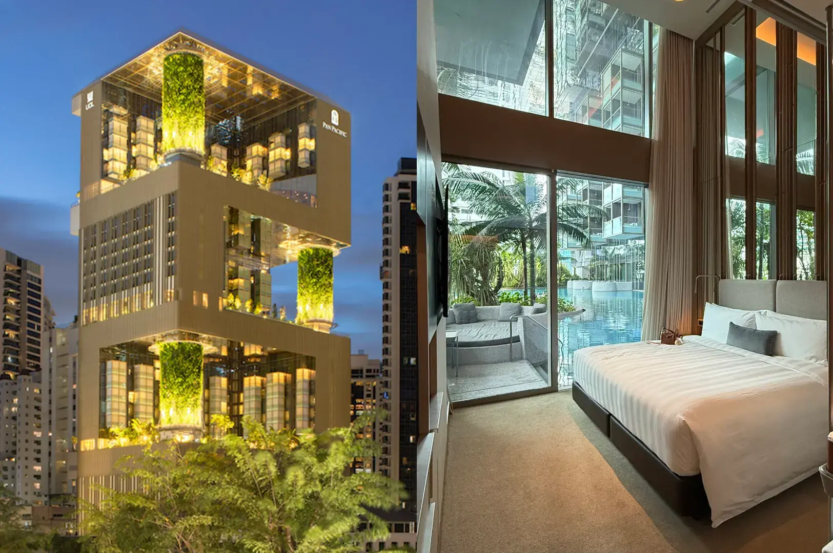 Pan Pacific Orchard exterior with vertical gardens and illuminated terraces alongside a room with floor-to-ceiling windows and pool access
