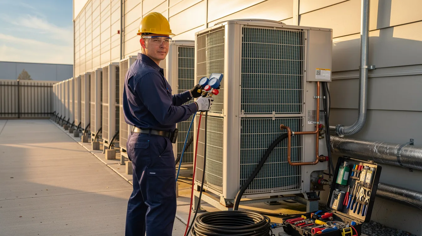 A technician in a navy shirt stands among a row of outdoor Trane air conditioning units during installation, focused on setting up the new HVAC system to meet the cooling needs of a home. The scene highlights the importance of energy efficiency and reliable performance in modern HVAC systems.