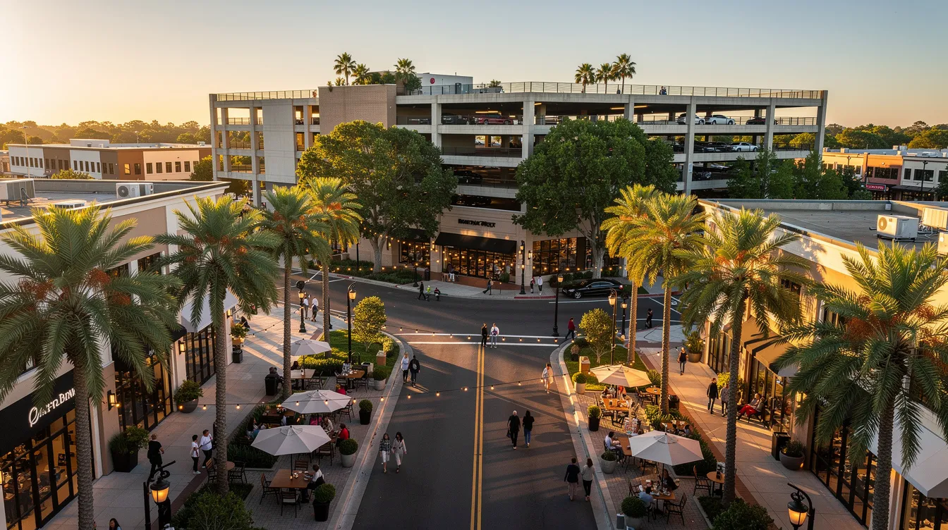 An aerial view of downtown Chandler showcases a vibrant walkable area filled with palm trees and outdoor restaurant patios, with the anytime Overstreet parking garage visible in the background. This lively scene invites visitors to explore the streets of Chandler, where free public parking options are available, making it convenient to enjoy live music and dining on weekends.