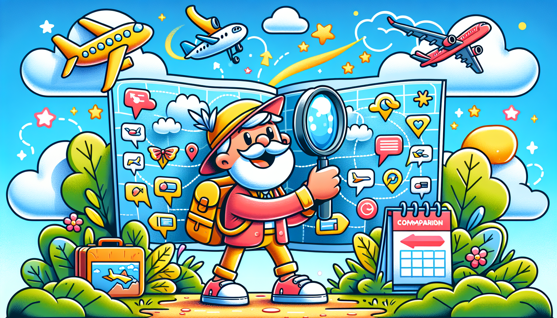 A cartoon depicting tips for finding cheap flights, with visual elements representing different strategies.