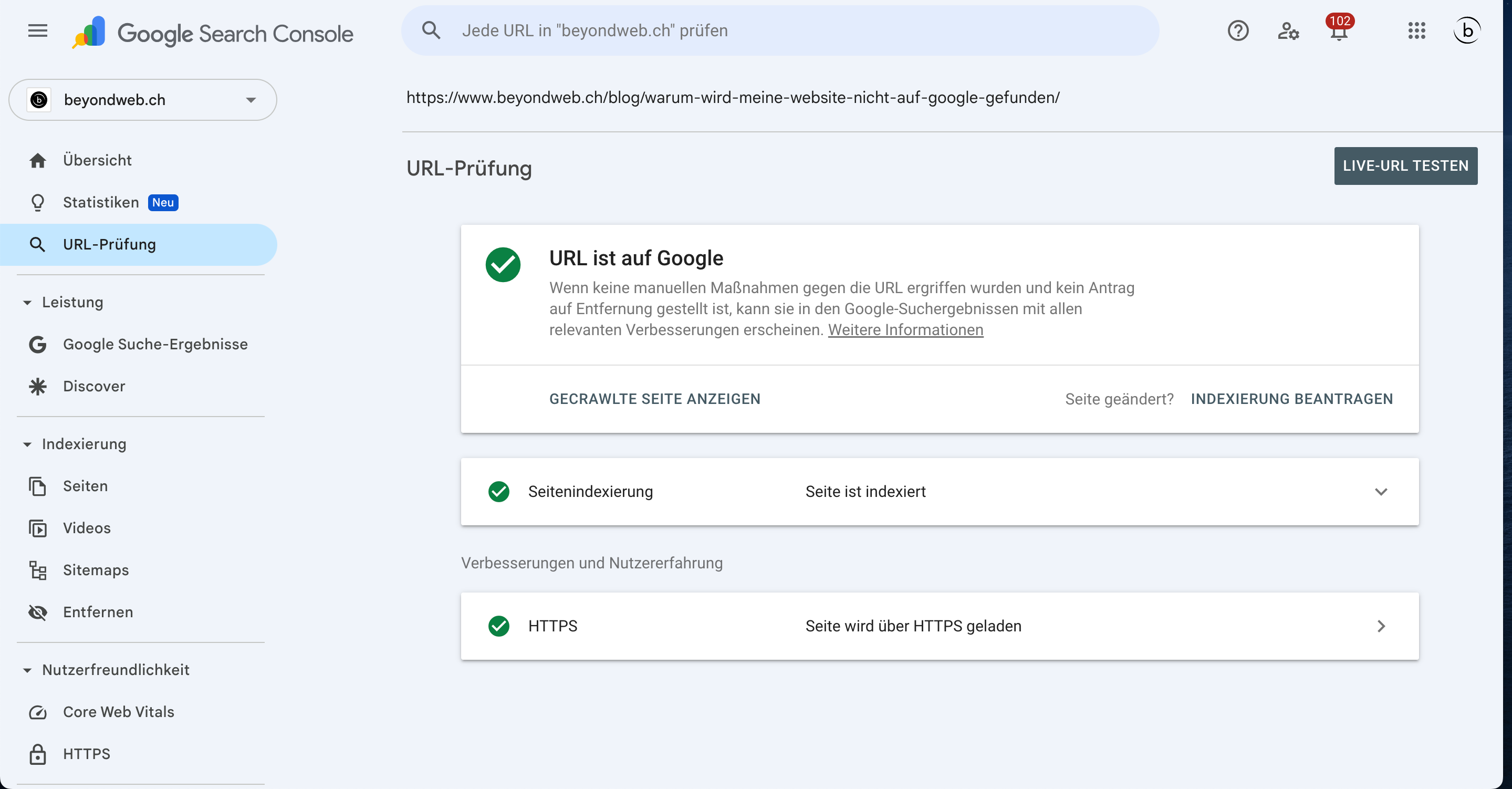Screenshot, der eine URL Prüfung bei der Google Search Console zeigt