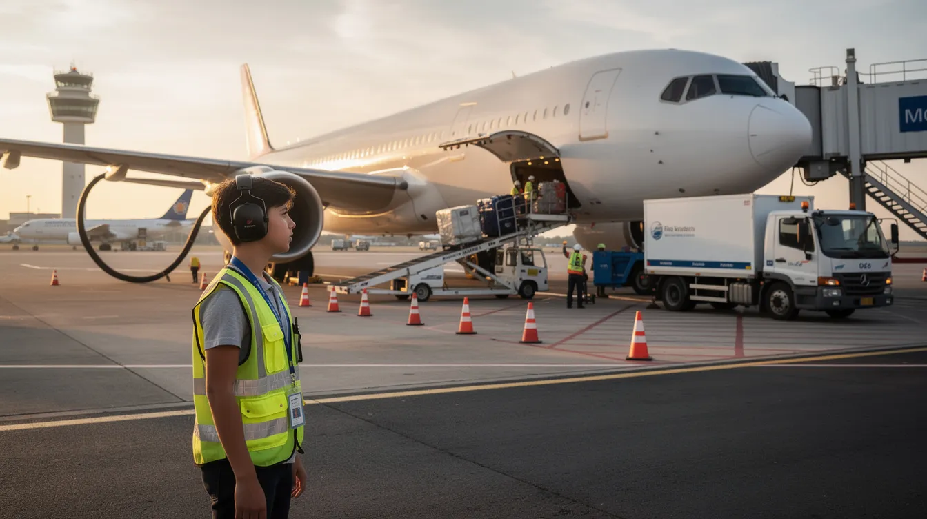 An intern observes aircraft service activity from a safe distance, gaining valuable insights into airport operations and the aviation industry. This educational experience is part of an internship program designed to enhance their communication and problem-solving skills while contributing to their career development in aviation management.