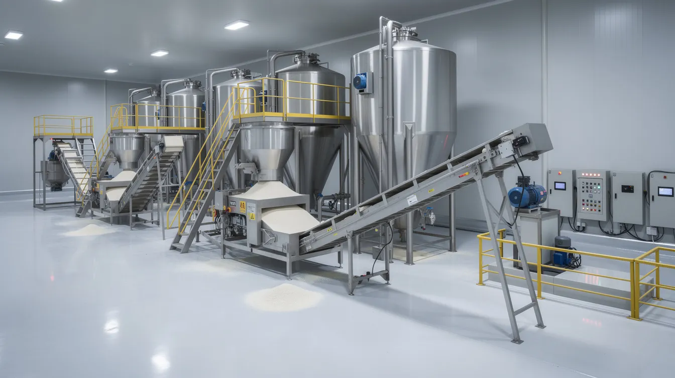 0f03a81c abb4 4c76 9495 b1a53a2d53dd The image depicts industrial rice processing machinery featuring conveyor belts and stainless steel hoppers, set in a clean factory environment. This scene illustrates the rice processing plant's role in the rice industry, emphasizing the machinery used for handling key raw materials like paddy rice and producing processed rice products.