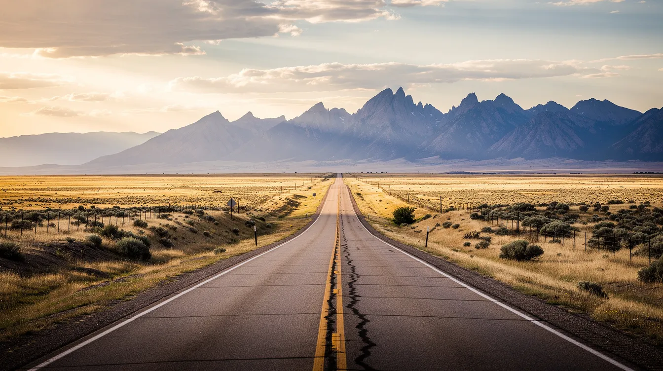 A wide landscape view captures a Southern Colorado highway stretching through open plains, framed by distant mountains under a clear blue sky. This serene setting contrasts with the challenges faced by brain injury victims, including those involved in motor vehicle accidents who may need the expertise of a Colorado Springs brain injury lawyer to navigate their legal claims and recover compensation for medical expenses and emotional distress.
