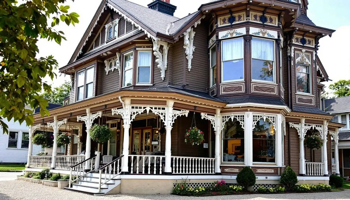 A stunning Victorian mansion located in Eureka Springs, Arkansas, has been converted into a restaurant, showcasing ornate woodwork, elegant bay windows, and a charming wraparound porch. This historic building is part of the collection of Victorian architecture in the city, reflecting the community's love for its rich heritage.