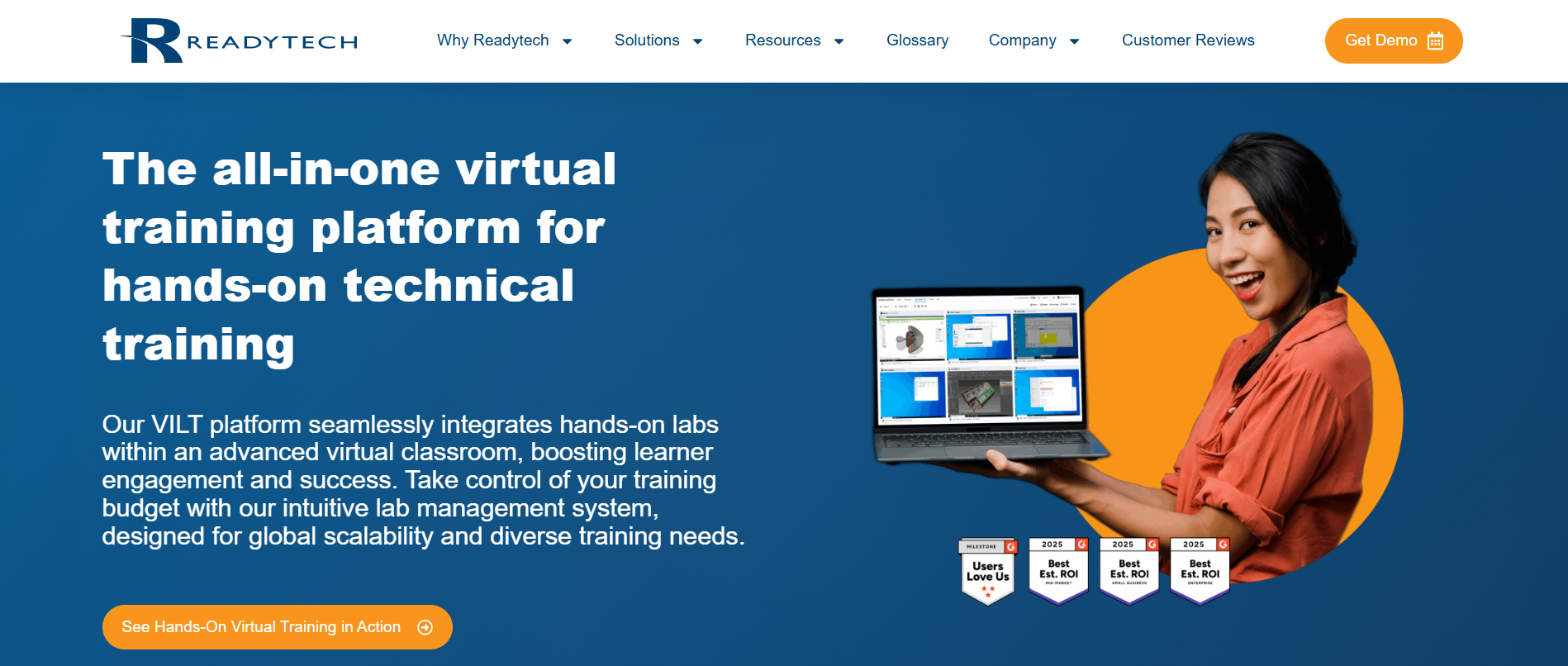 Homepage of a virtual instructor-led training platform featuring hands-on technical labs, interactive virtual classrooms, and scalable cloud-based learning environments for enterprise training.