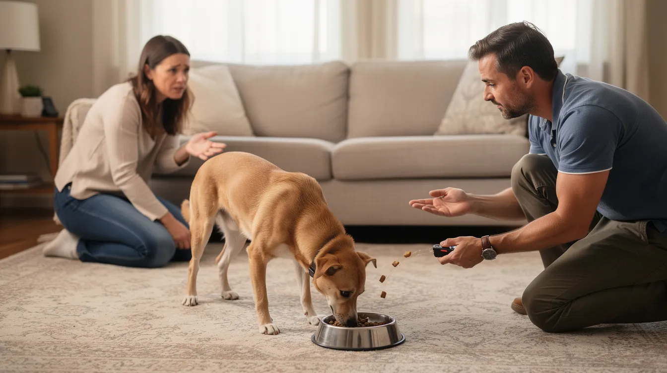 The image depicts an adult dog exhibiting resource guarding behavior over its food bowl, with a concerned owner observing from a distance. The dog's body language shows signs of tension, such as a low growl and a tense posture, highlighting the common challenges faced in managing guarding behavior in dogs.