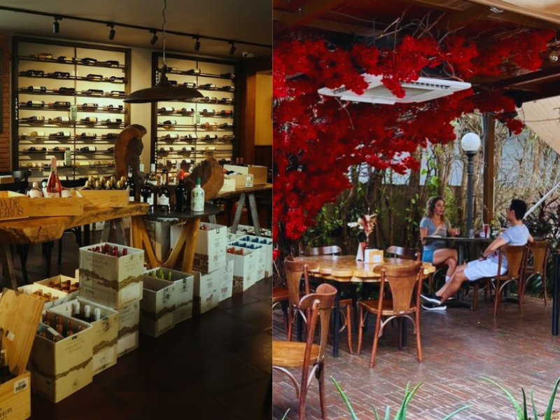 Ambiente interno e vinhos; clientes à mesa no ambiente externo Cafeteria Casa Baru. Imagens: Reprodução Instagram.