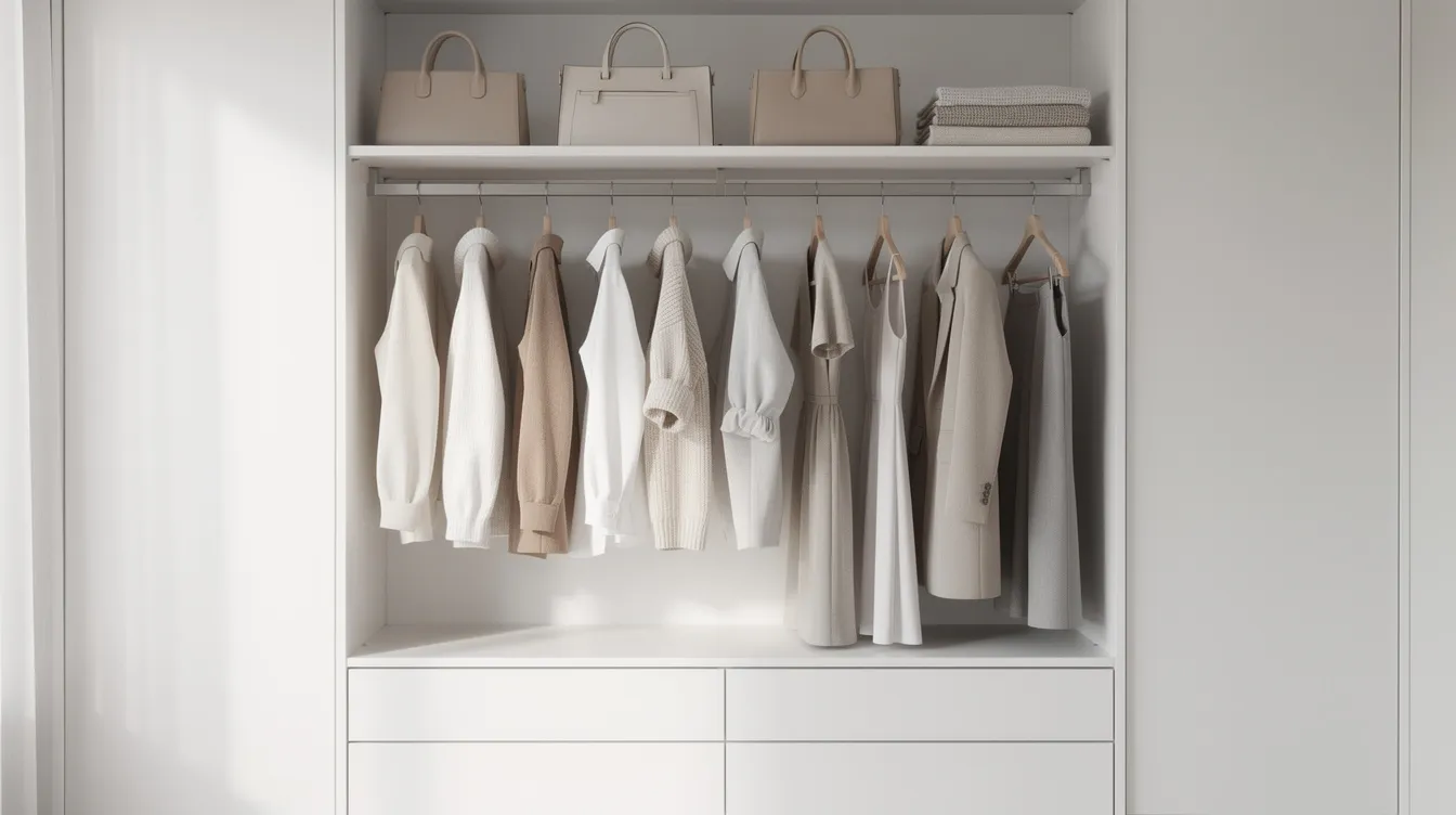 The image depicts a neatly organized women's closet featuring a capsule wardrobe with high-quality pieces in neutral shades, including a leather jacket, tailored trousers, and a little black dress. This minimal setup showcases essential clothing items that effortlessly match for various occasions, emphasizing personal style and practicality.