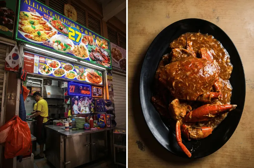 Split-screen image featuring the Alliance Seafood stall (Stall 27) with its colorful menu board, alongside a dramatic top-down food photograph of a whole Singapore chili crab covered in rich gravy on a black plate.