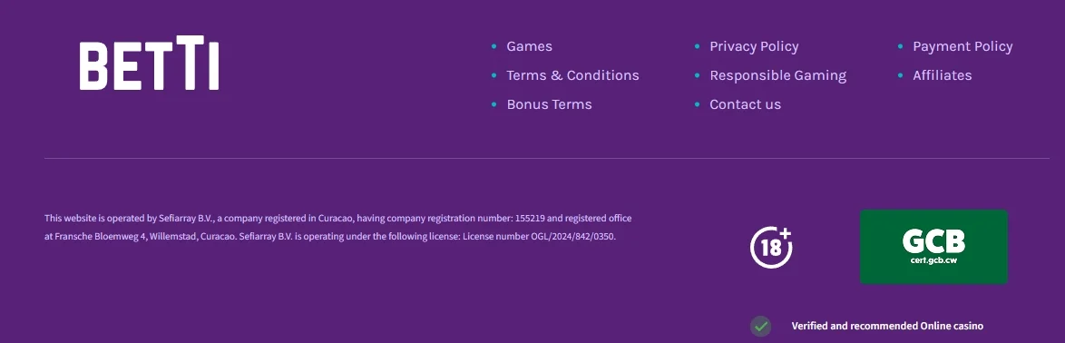 Information about the operator and license of Betti Casino