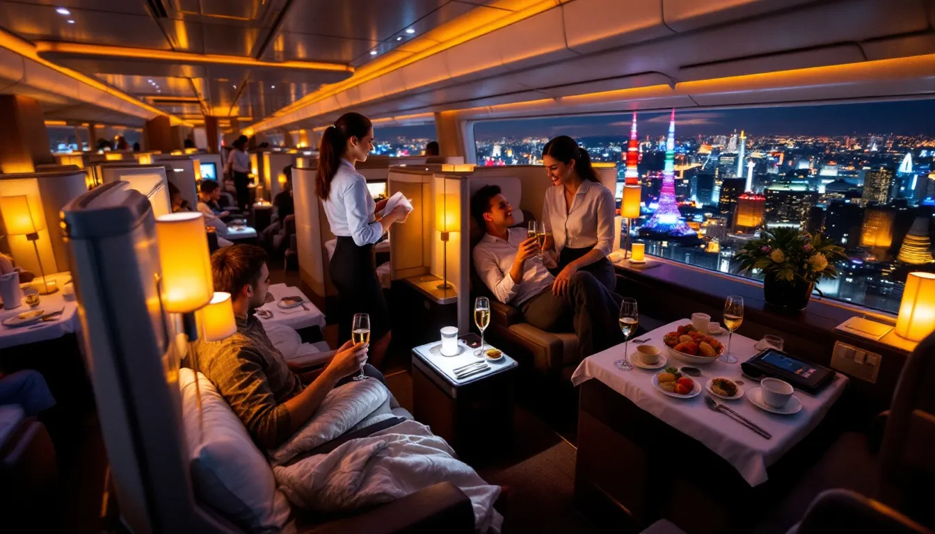 Passengers enjoying in-flight services, showcasing comfort during long-haul flights.