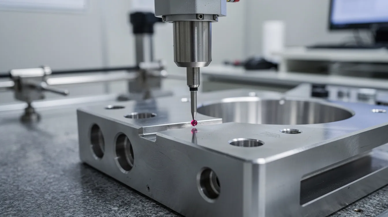 A coordinate measuring machine probe is delicately touching a precision-milled stainless steel component in a temperature-controlled metrology room, showcasing the advanced technology used in precision CNC machining services. This environment ensures exceptional accuracy and quality for CNC machined parts.