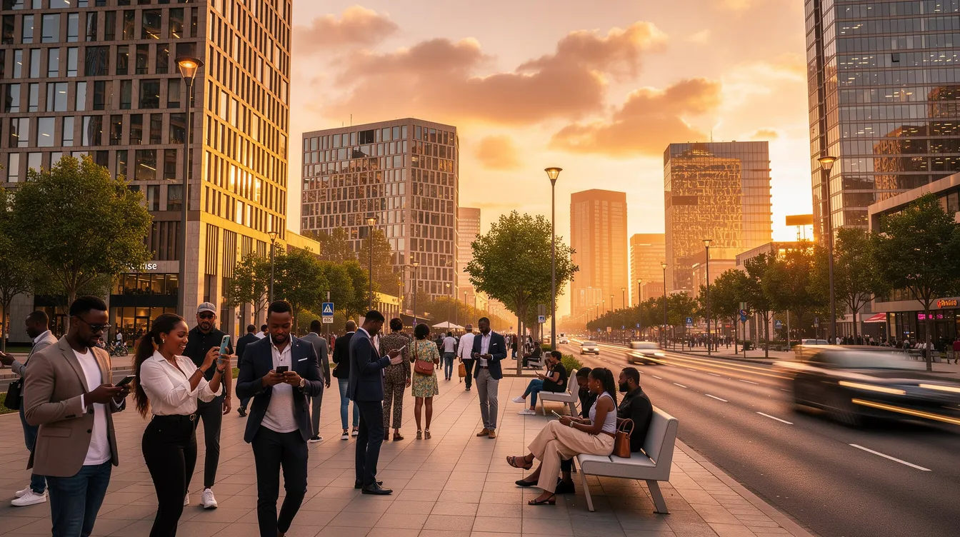 The image depicts a vibrant modern African city at sunset, where people are walking while using smartphones, likely engaging in mobile payments and digital transactions. The scene reflects the growing use of mobile money platforms and digital wallets for everyday transactions, highlighting the integration of digital financial services in urban life.