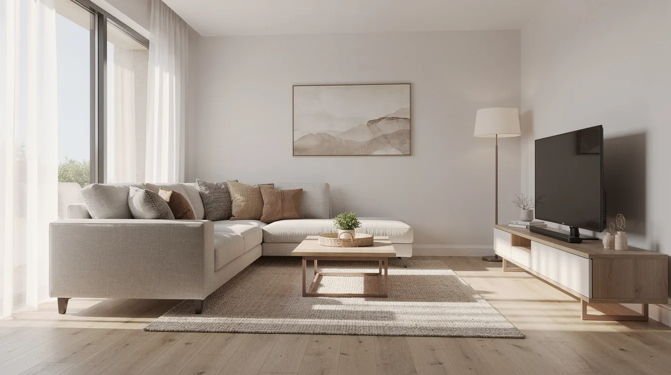 The image depicts a modern, stylishly furnished vacation rental living room, filled with natural light streaming through large windows. The space features comfortable seating and tasteful decor, creating an inviting atmosphere ideal for relaxation or entertaining guests.