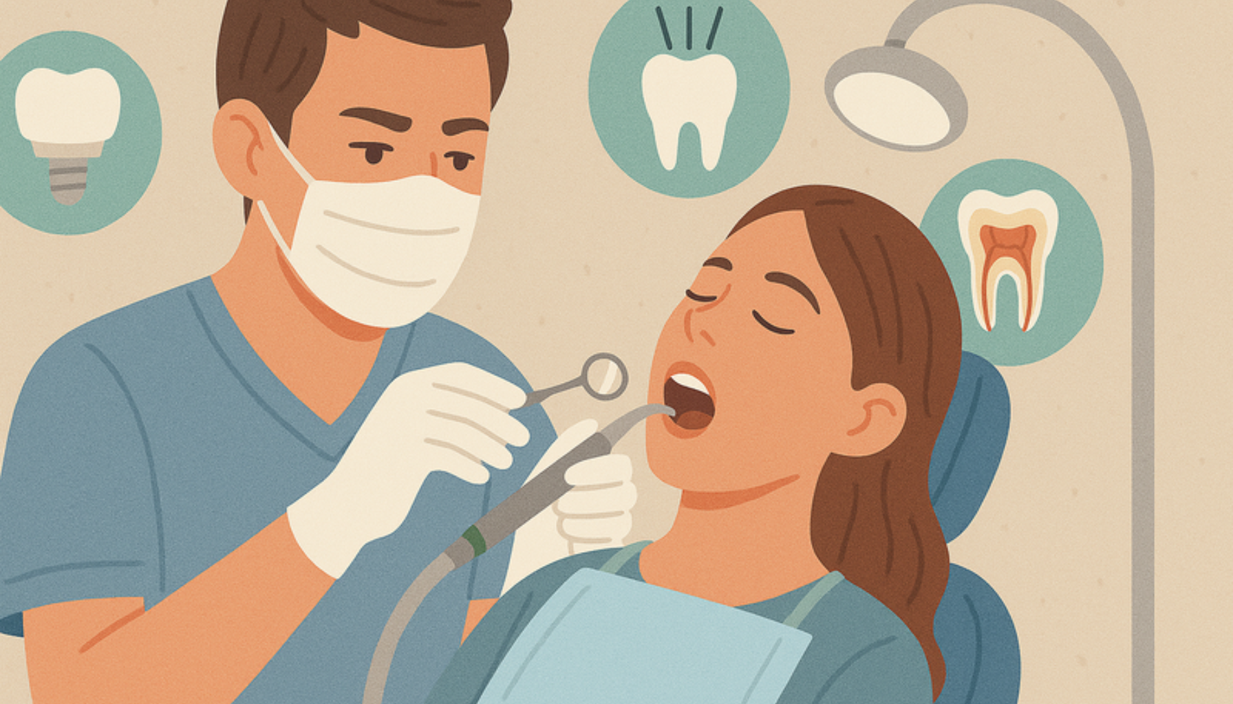 Tannlege i arbeid med pasient i tannlegestol, omgitt av illustrasjoner av ulike behandlingsmetoder som implantat og rotfylling.