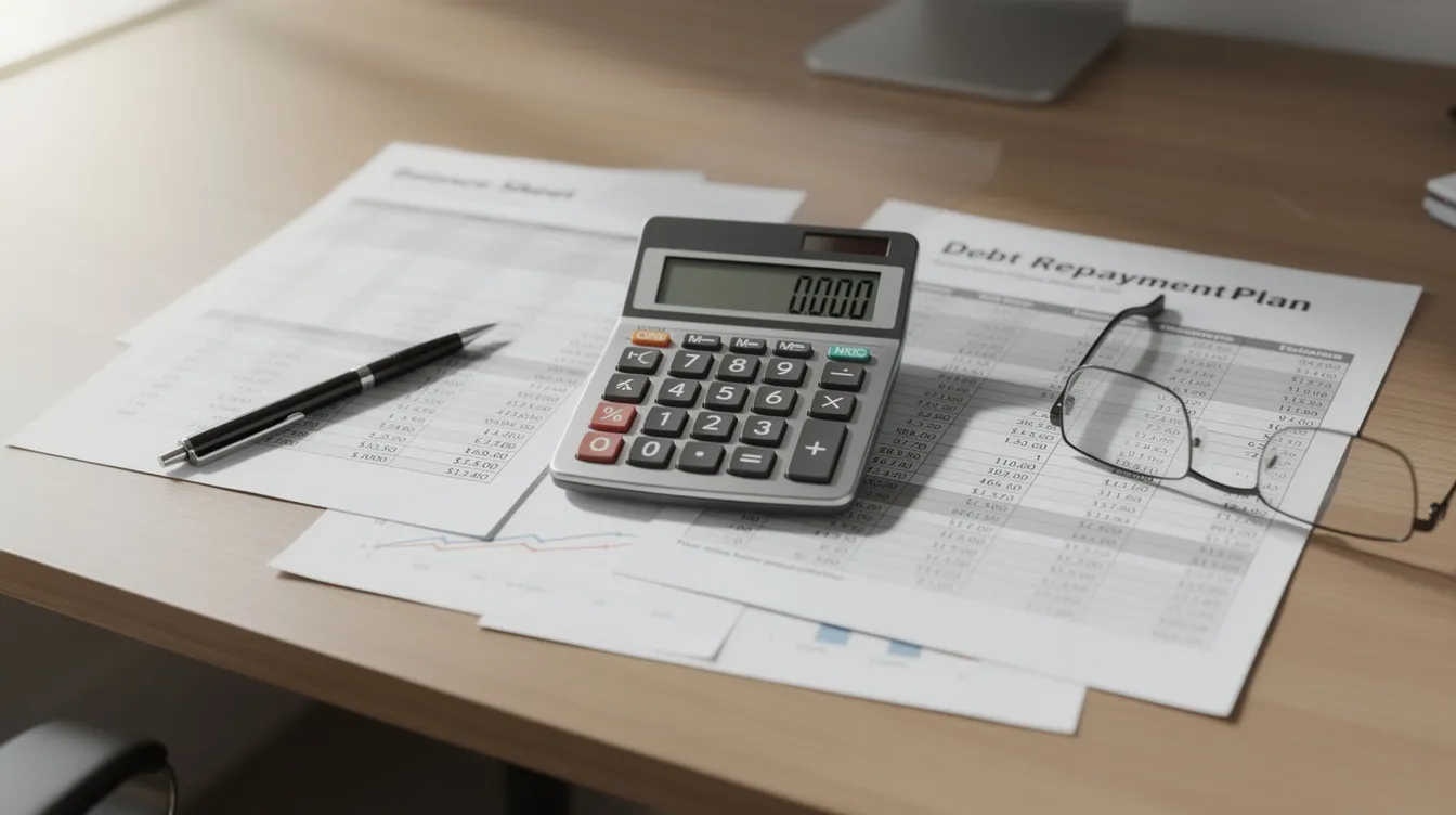 The image shows a calculator alongside financial statements on a desk, symbolizing the process of debt calculation and planning. This setup reflects the importance of managing debt, such as through an individual voluntary arrangement (IVA) or debt restructuring services, to resolve financial issues effectively.