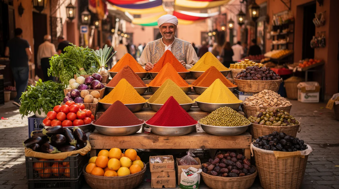 The image depicts a vibrant Moroccan food market stall filled with an array of colorful spices and fresh produce, showcasing the rich culinary culture of Morocco. Tourists can enjoy the sights and scents, but should remember to drink bottled water or boiled water to avoid stomach issues during their trip.