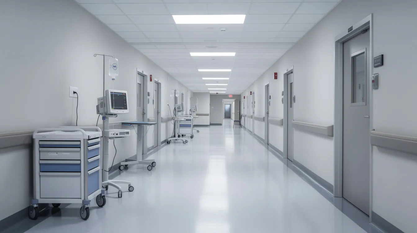 The image shows a hospital hallway illuminated by bright overhead lights, lined with medical equipment such as IV stands and monitors. This setting is often where victims of serious injuries, like those from drunk driving accidents, receive critical medical treatment and care.