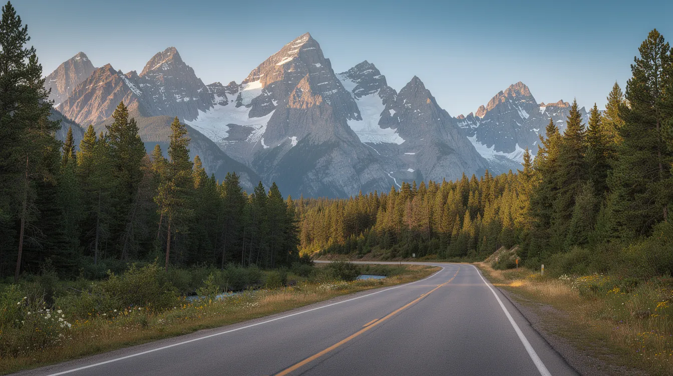 The image depicts a breathtaking Idaho mountain landscape with a winding road surrounded by lush pine forests, showcasing the natural beauty of the region. This serene scene reflects the tranquil environment where hemp cultivation and other hemp derived products could thrive under Idaho's unique legal framework.