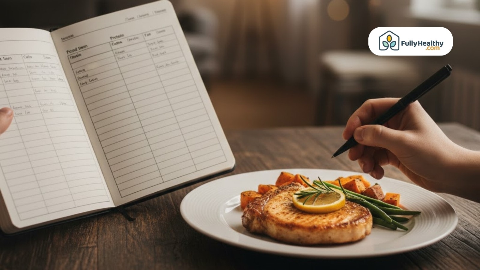 Person logging meal details in food journal beside a healthy pork chop dinner