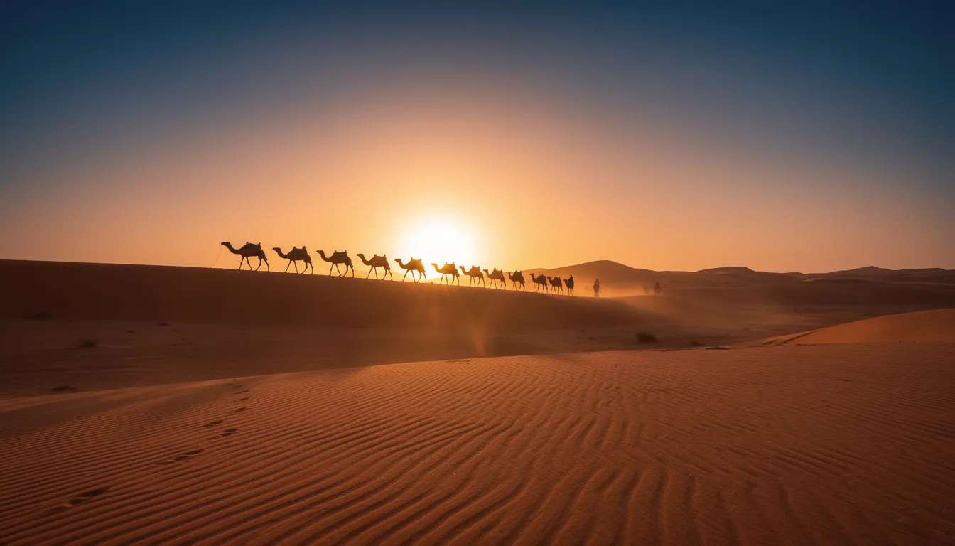 A camel caravan is silhouetted against vibrant orange sand dunes as the sun rises, creating a stunning backdrop that captures the essence of Morocco's rich history and natural beauty. This scene evokes the spirit of an imperial cities tour, inviting travelers to explore the majestic landscapes and traditional Moroccan style.