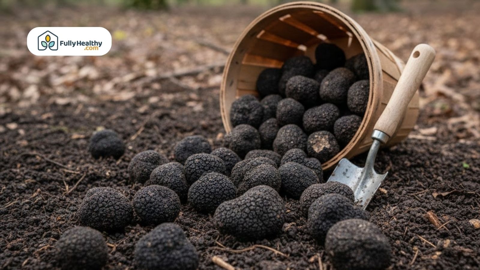 Basket of fresh black truffles on woodland floor in a European forest where are truffles found.