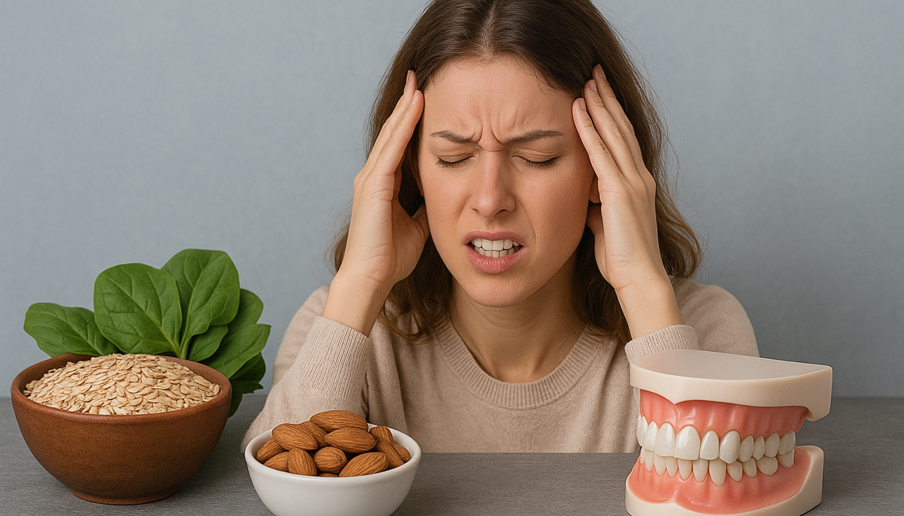 Stresset kvinne med hodepine foran magnesiumrike matvarer og tannmodell som viser mulig magnesiummangel.
