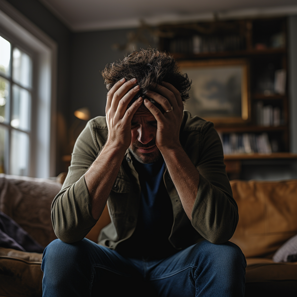 A guy looking stressed out while sitting in the sofa.