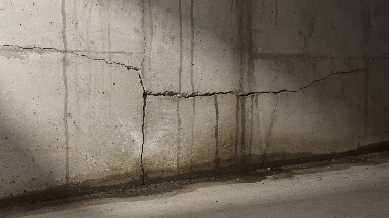 The image depicts water damage and visible cracking on a concrete foundation wall, highlighting potential construction defects that may lead to warranty disputes for property owners. This damage could indicate a breach of contract or inadequate workmanship, necessitating legal guidance for warranty claims related to the construction project.