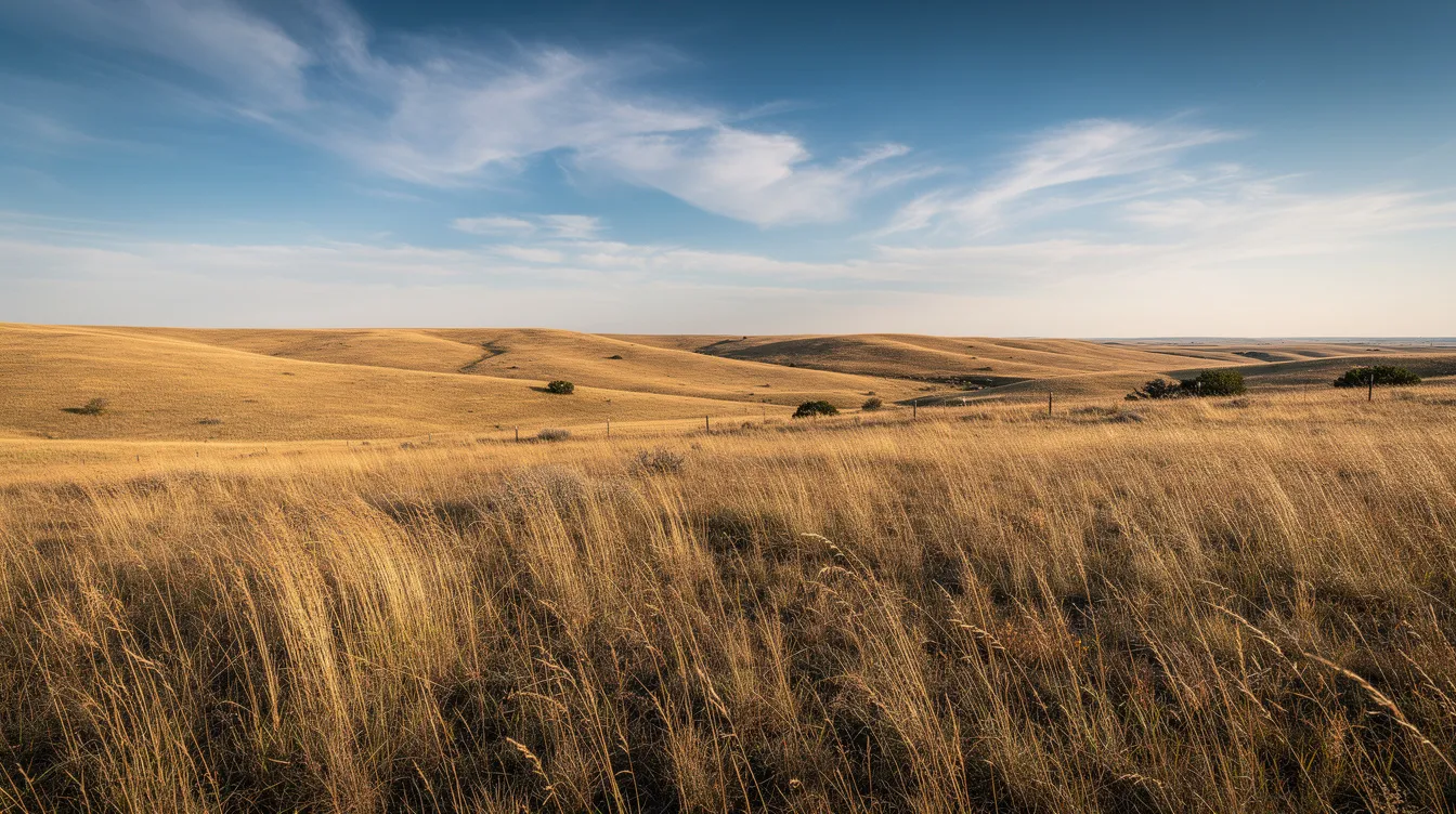 The image depicts a vast South Dakota prairie landscape characterized by golden grass swaying gently under a wide blue sky, capturing the serene beauty of the region. This tranquil scene reflects the natural environment that is part of the state's identity, where discussions around legislation such as the regulation of cannabis products, including delta 8, often arise.