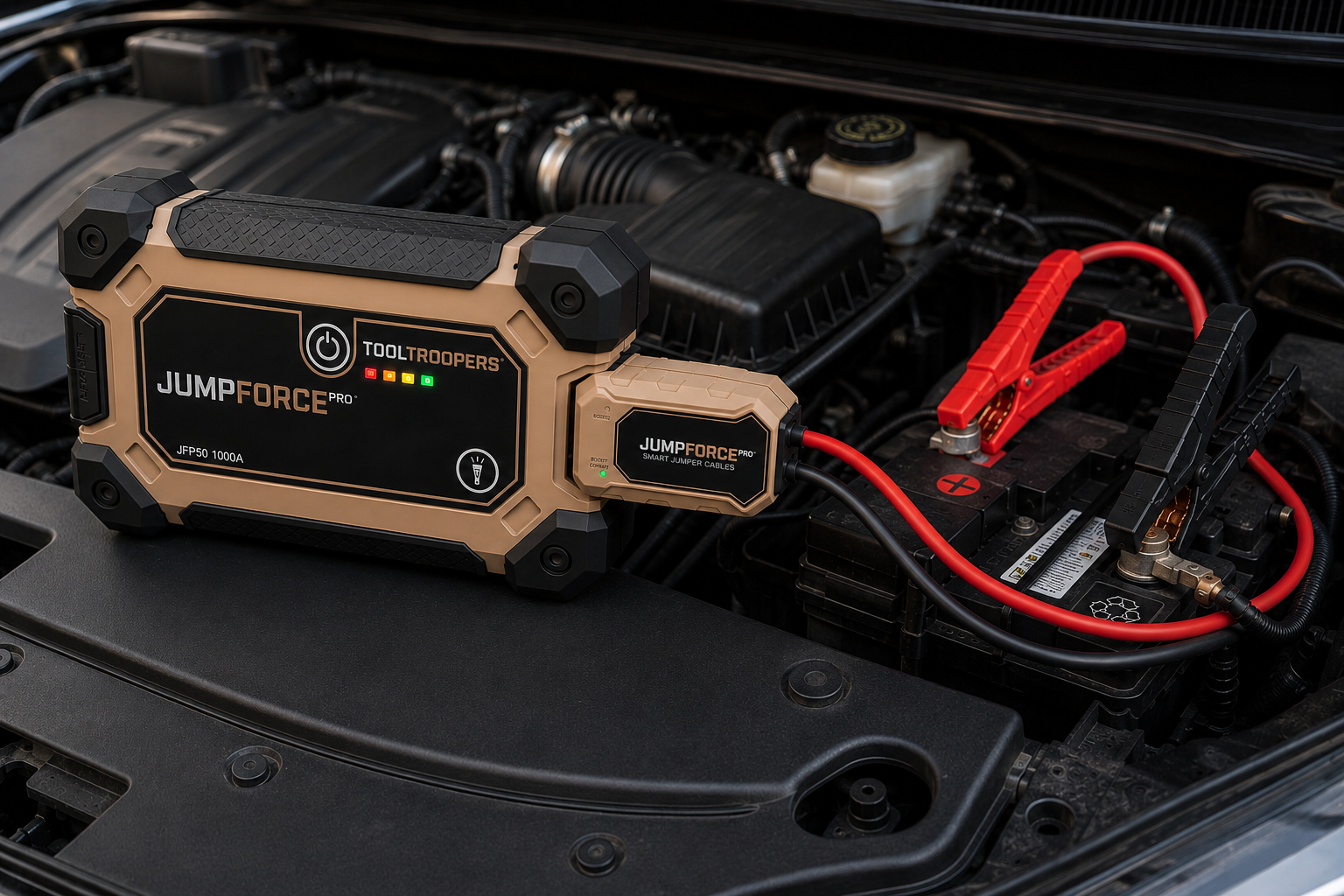 Portable JUMPFORCE PRO jump starter connected to a dead vehicle battery in an engine bay, showing battery clamps, emergency starting power, recharge support after engine start, alternator recovery, and a safe compact battery tool designed for cars, trucks, SUVs, and cold weather roadside emergencies when stranded in a parking lot, far from help, with no back seat jumper cables, charger, or expensive roadside service available.