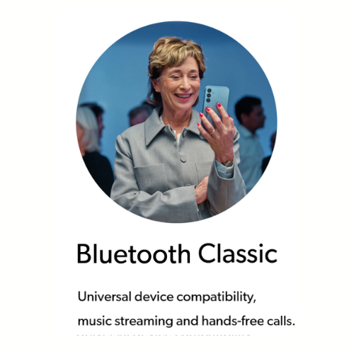 The image shows a smartphone user enjoying bluetooth streaming from her premium hearing aids , highlighting the integration of hearing aid technology and its advanced features for better sound quality and noise reduction. This setup emphasizes the importance of appropriate hearing aid technology levels for individuals with varying degrees of hearing loss.