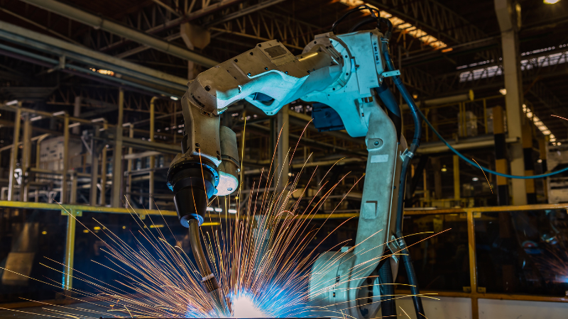 Automated welding robots welding automotive parts.