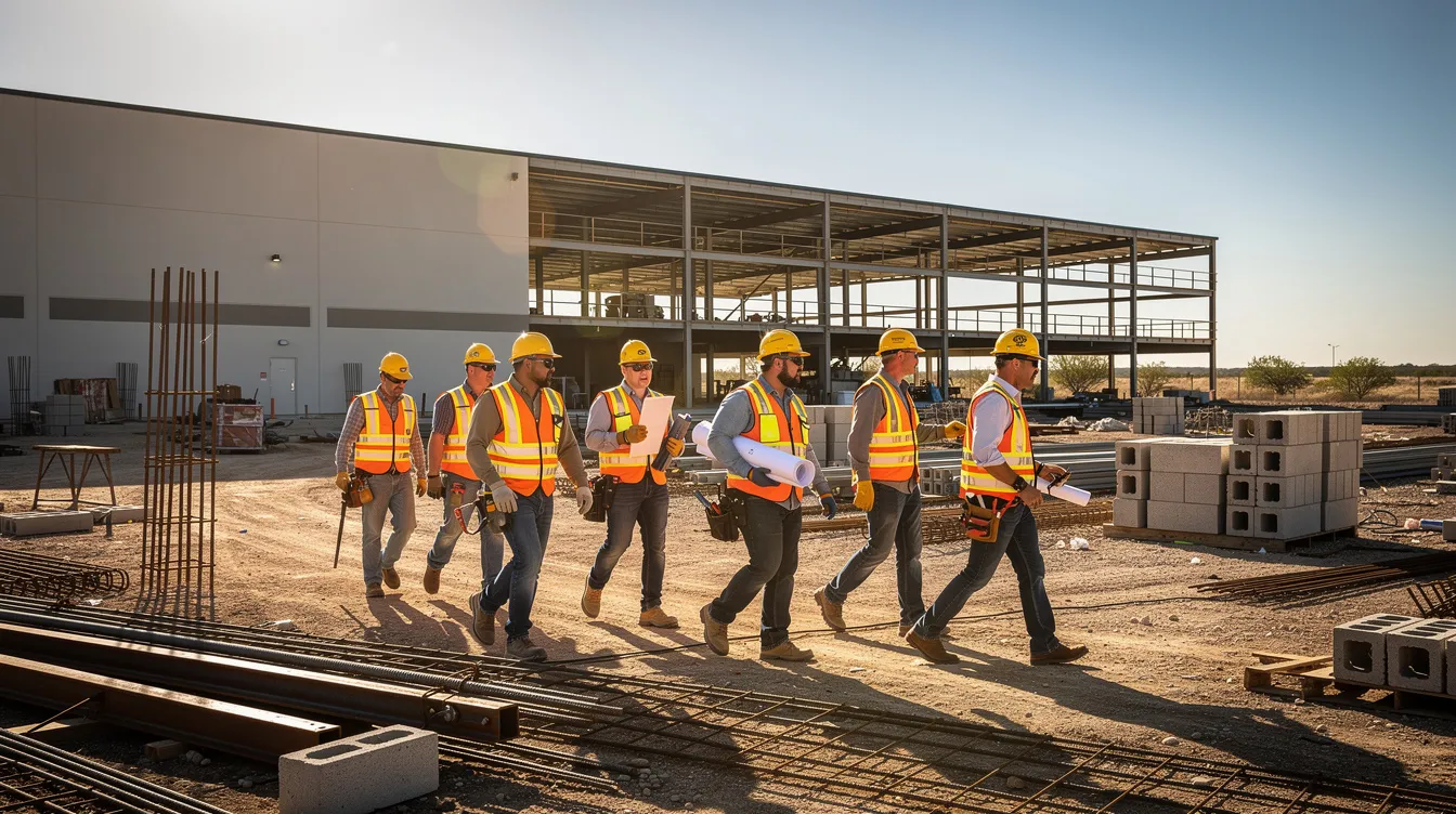 A group of construction workers, equipped with personal protective equipment such as hard hats and safety vests, are walking across a bustling commercial construction site under the bright South Texas sun. Their presence highlights the importance of a strong safety culture and adherence to safety protocols in the construction industry.