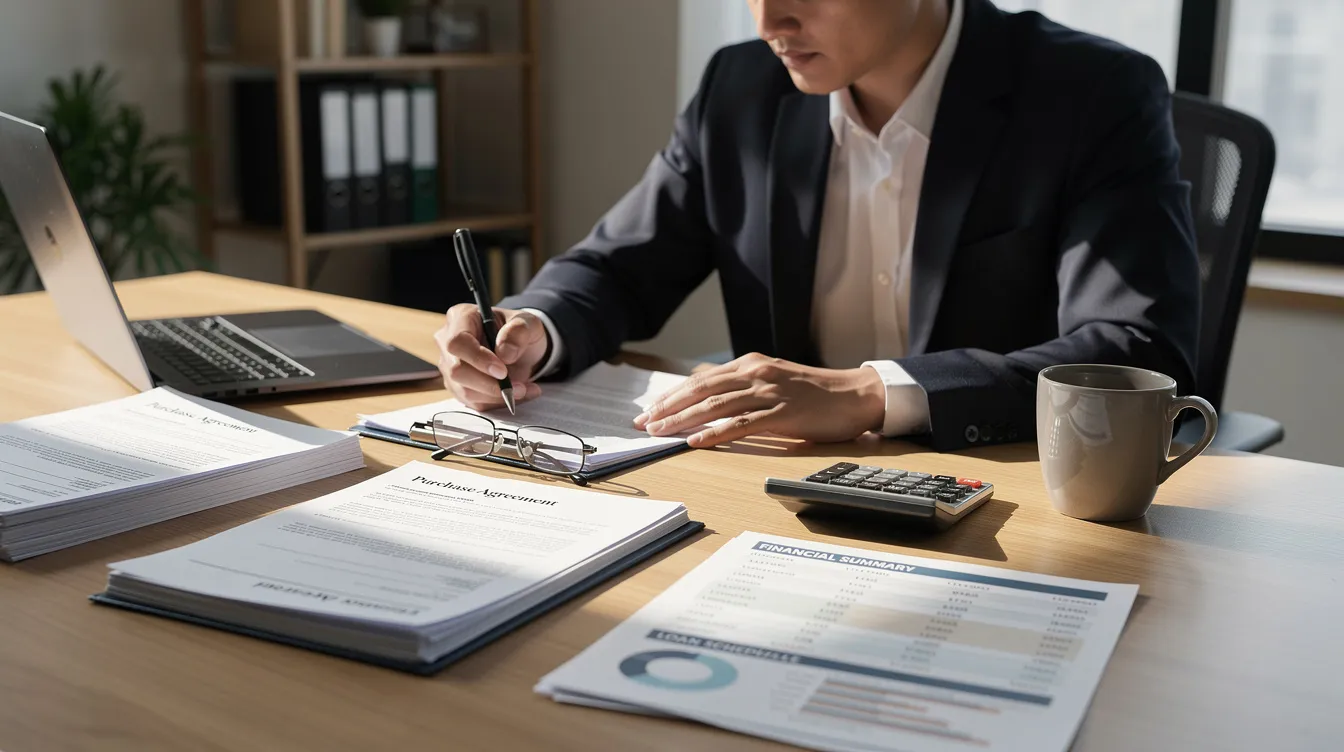 A real estate investor is intently reviewing property documents and financial papers, which may include motivated seller leads and real estate transaction details.