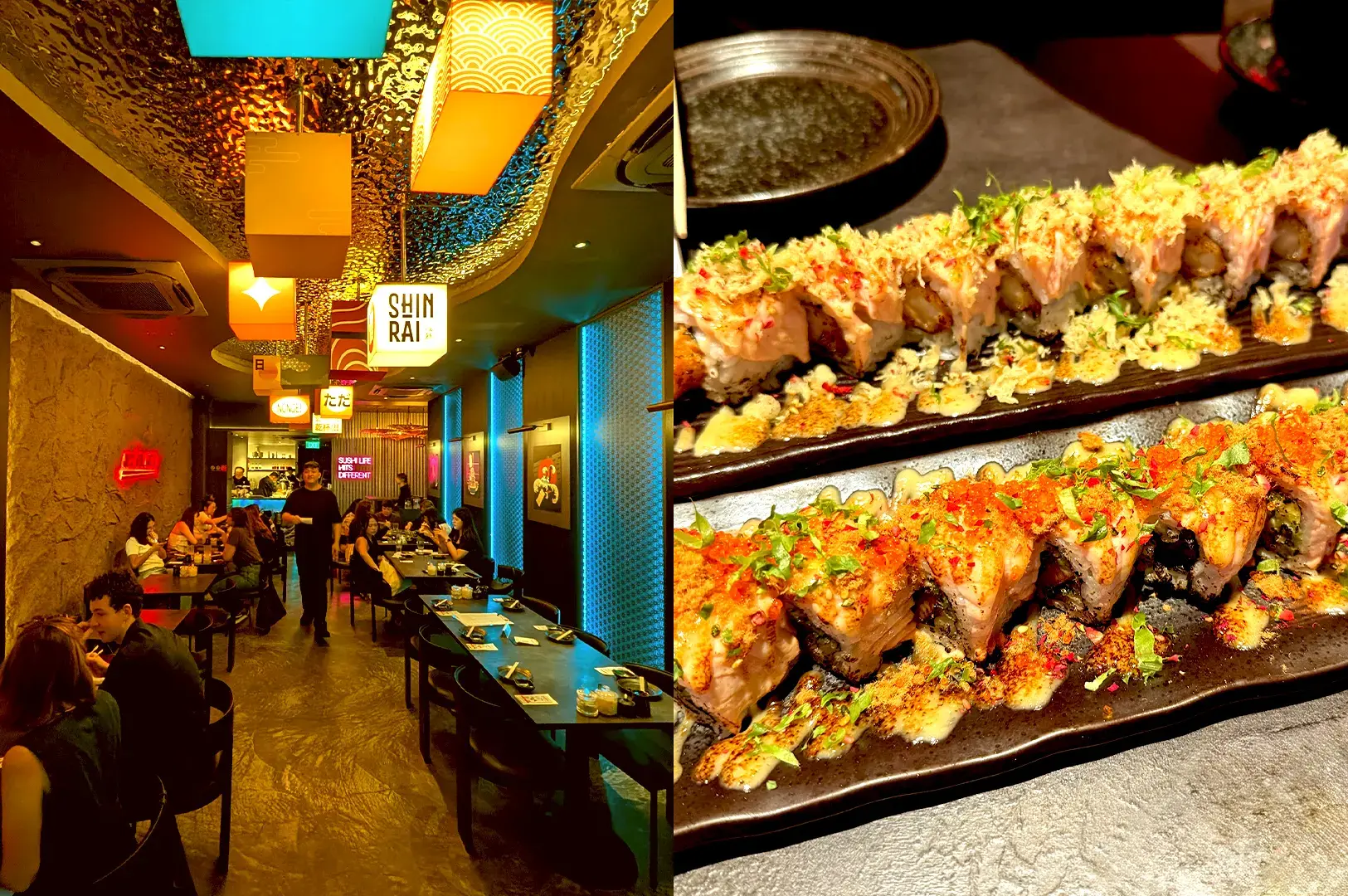 Modern and vibrant dining atmosphere at Shinrai in Telok Ayer, featuring colorful lantern lighting and premium creative sushi rolls for a contemporary izakaya experience.