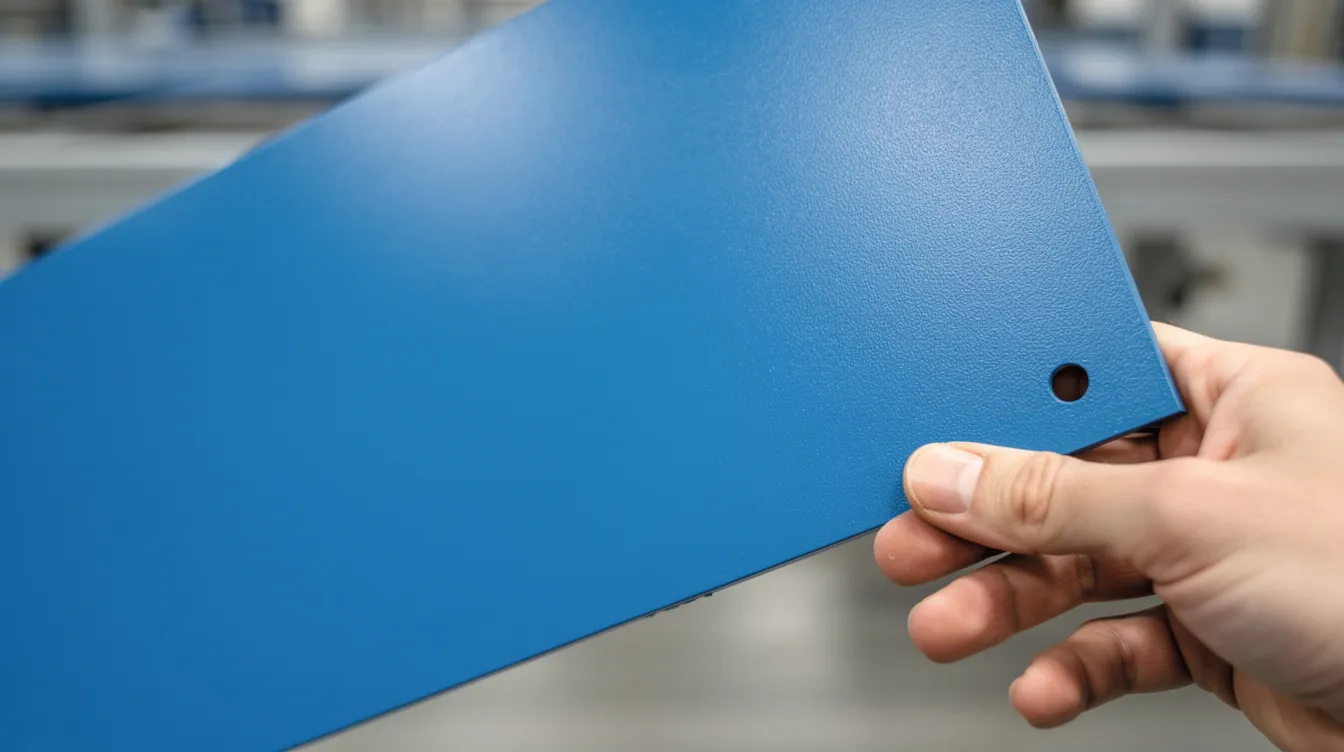 A close-up view shows a hand holding a freshly powder-coated steel enclosure panel in a vibrant blue color, featuring a smooth matte finish that highlights its durability and quality. This panel is a key component in the sheet metal fabrication process, showcasing the precision and attention to detail involved in metal products manufacturing.