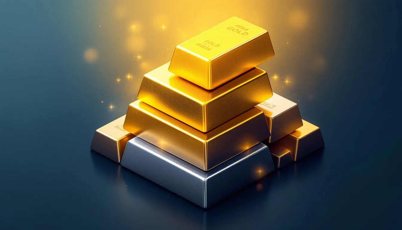 Gold bars and precious metals stacked together, representing safe haven investments.