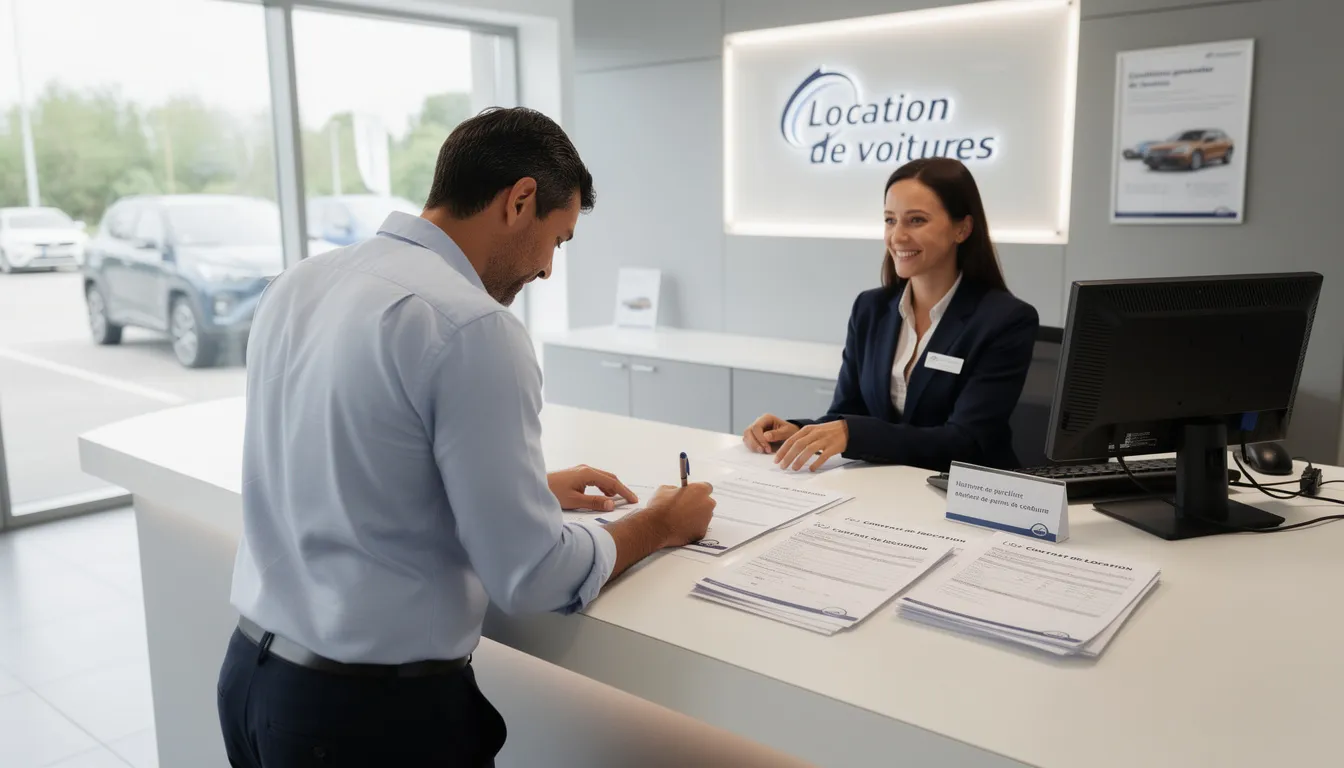 L'image montre une personne en train de remplir des documents au comptoir d'une agence de location de voiture. Elle semble attentive aux détails, probablement pour souscrire une assurance dommages et finaliser son contrat de location.