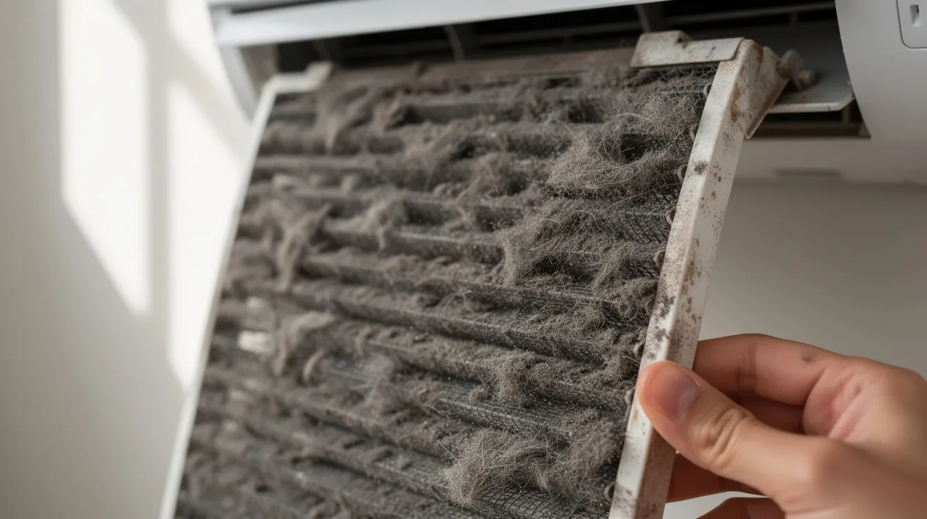 A close-up view of a heavily dust-clogged AC filter being removed, highlighting the buildup that can negatively affect indoor air quality. Regular AC maintenance, including filter cleaning, is essential for improving air conditioning system efficiency and ensuring cleaner air in residential and commercial spaces.