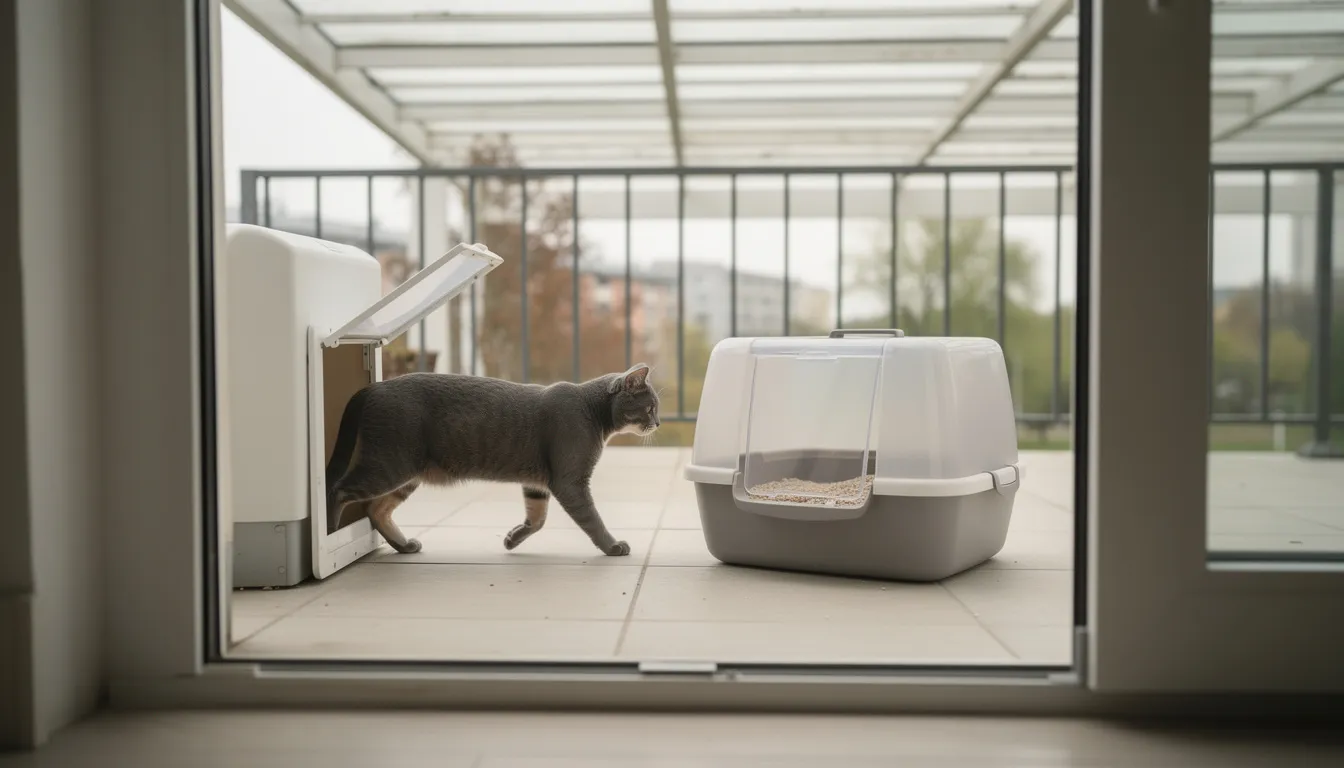 Een kat loopt door een kattenluik naar een overdekt balkon, waar een grote kattenbak staat. De kattenbak is waterdicht en heeft een stevige buitenlaag, ideaal voor gebruik buitenshuis.