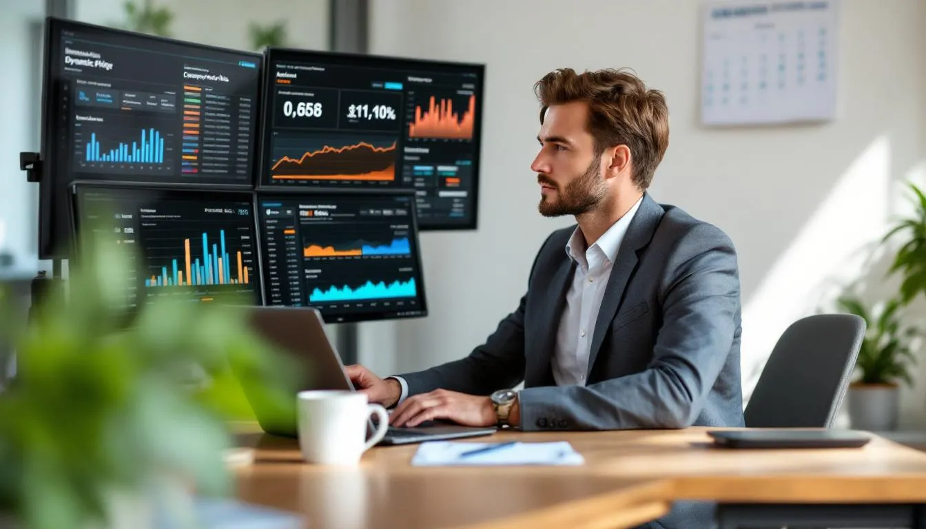 A revenue manager is focused on analyzing a dynamic pricing dashboard displayed across multiple screens, which showcase real-time market data, competitor pricing, and market trends. This setup illustrates the use of dynamic pricing strategies to optimize revenue in the hospitality industry by adapting to demand fluctuations and competitive pricing.