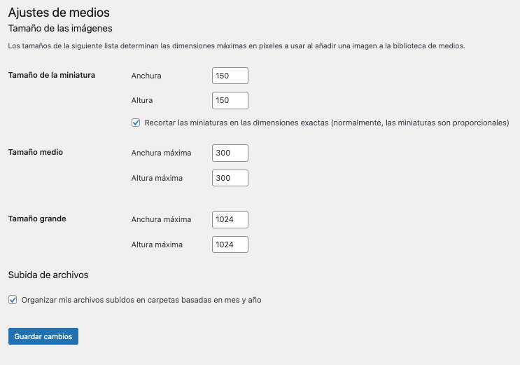 La pantalla de configuración de medios de WordPress